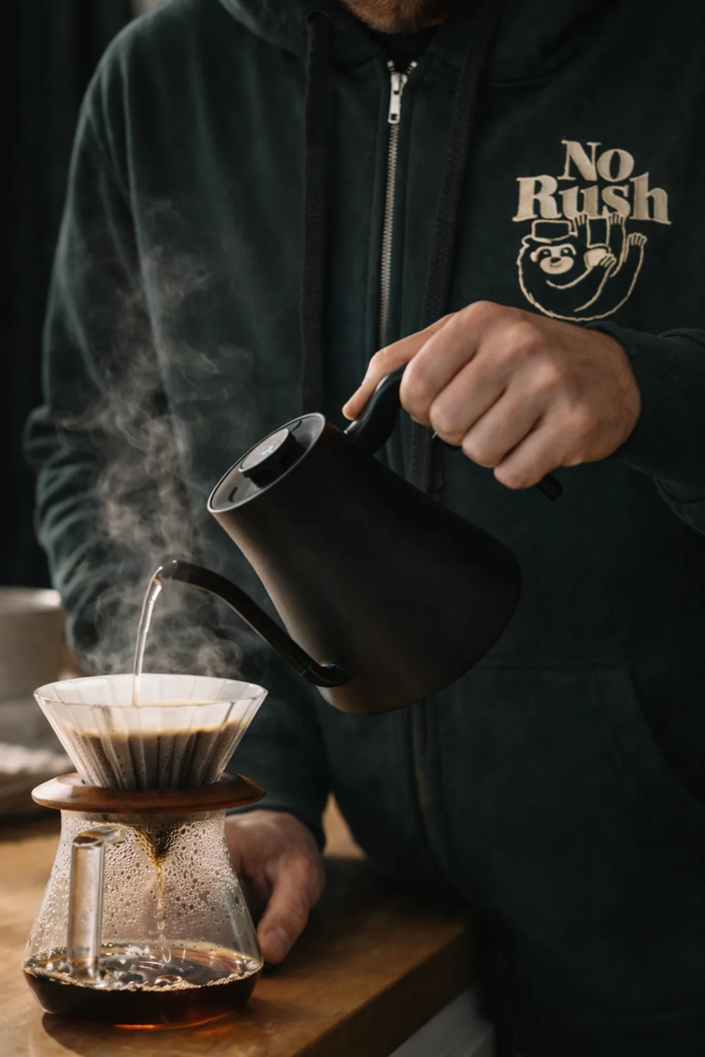 A barista making a pour-over coffee at No Rush