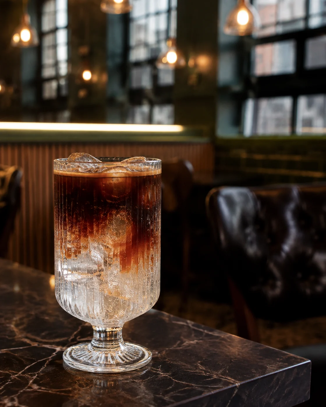 Espresso Tonic with bubbles, ice and espresso drifting into clear tonic