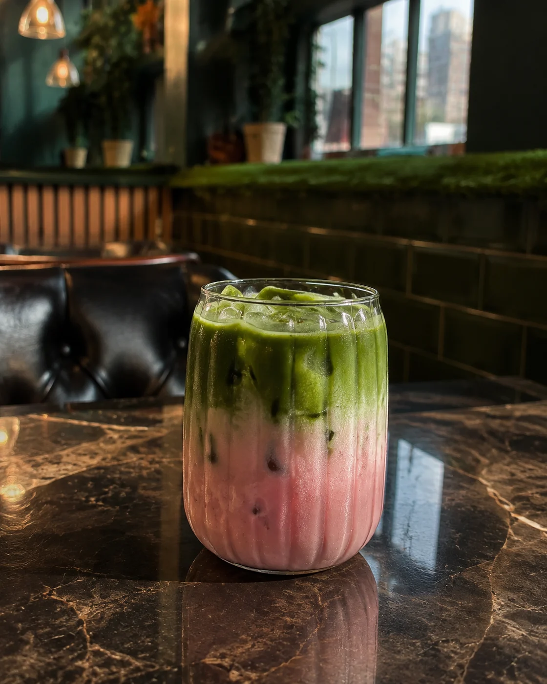 Iced Cherry Matcha with a soft pink milk layer and green matcha above