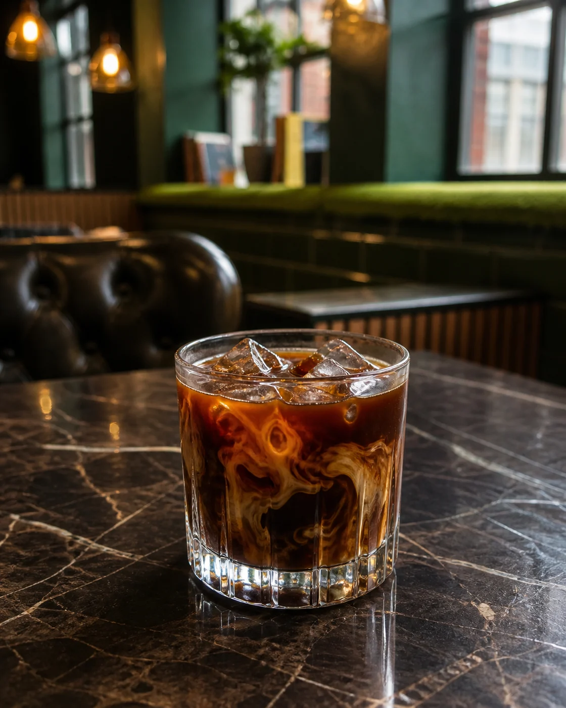 Salted Caramel Cold Brew with ice and milk mixing inside the dark coffee