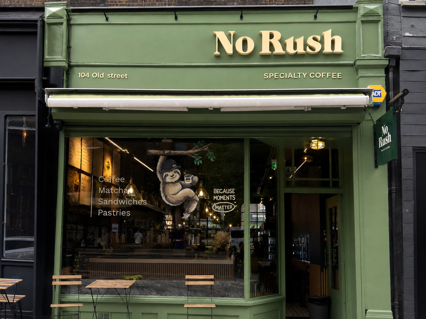 The green No Rush Specialty Coffee shopfront at 104 Old Street