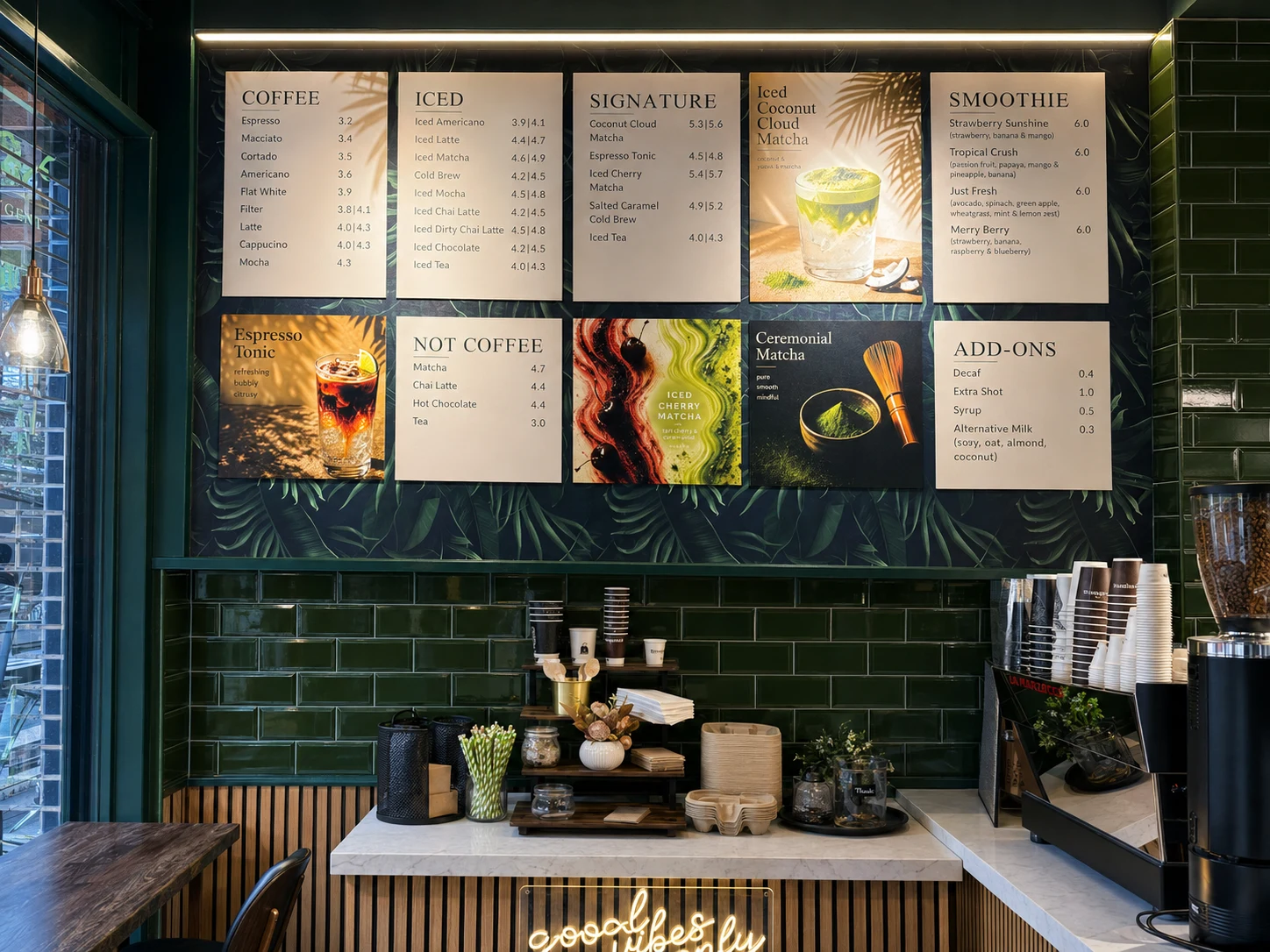 The menu wall above the counter at No Rush, surrounded by green tiles